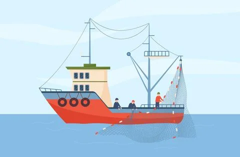 Fishing trawler or equipped ship for fishing fish and seafood, flat vector. イラスト素材