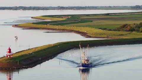Fishing trawler sailing through a scenic harbor channel Stock Footage 335993441