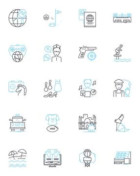 Fishing trip linear icons set. Angling, Tackle, Bait, Net, Catch, Salmon, Trout Ilustración de archivo
