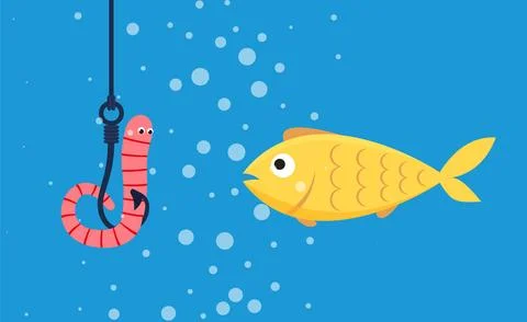 Fishing underwater fish looking at a worm hanging on a hook Stock Illustration