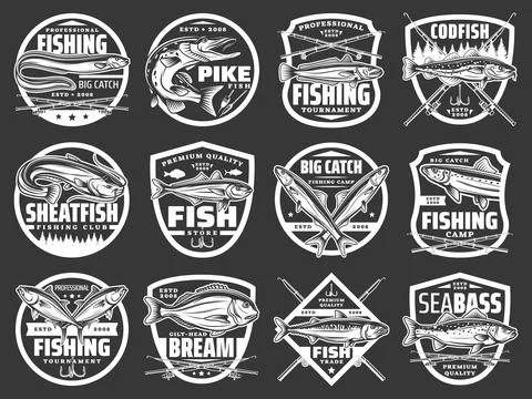 Fishing vector icons with sea eel, pike and hake Stock Illustration