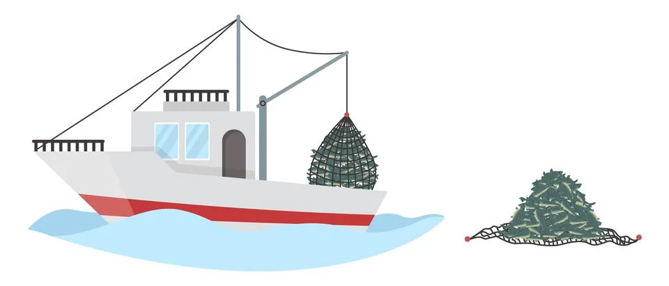 Fishing vessel pulling net full of sea fish out of water, vector illustration Stock Illustration