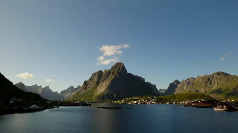 Fishing Village and Sharp Peaks Around Fjord Inlet in Lofoten Stock Footage 340013632