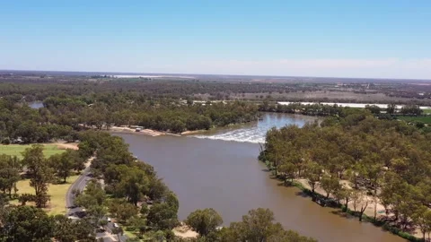Fishing weir with rapids and dam on Murray river in Mildura city aerial 4k. Stock Footage 169484065