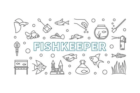 Fishkeeper vector horizontal banner or illustration in line style Stock Illustration