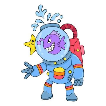 Fishman diver diving in the sea playing with animals Stock Illustration
