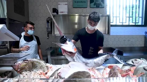 A fishmonger arranges fresh fish at Mercato Centrale in Milan, Italy 스톡 동영상 160599737