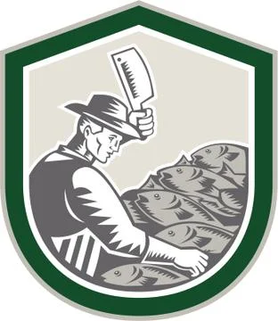 Fishmonger chop fish shield retro Stock Illustration