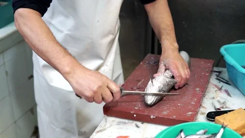 Fishmonger cleaning fish at the market. Stock Footage 170460983