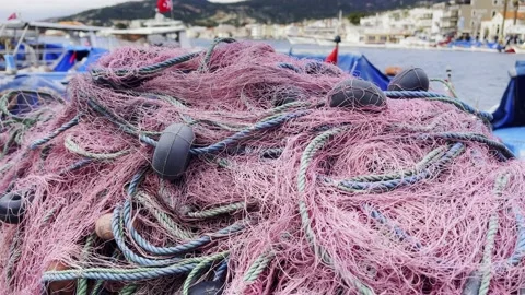Fishnet Fishing Lines in a Dock Stock Footage 237373416