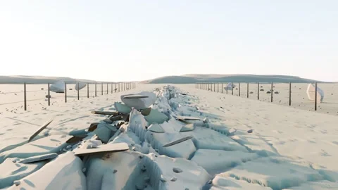 Fissure opening, central ridge forming and rising along pale plain, fence posts 库存影片 339721965