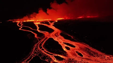 Fissure volcanic eruption exploding at night with glowing lava in Iceland, Stock Footage 269156765