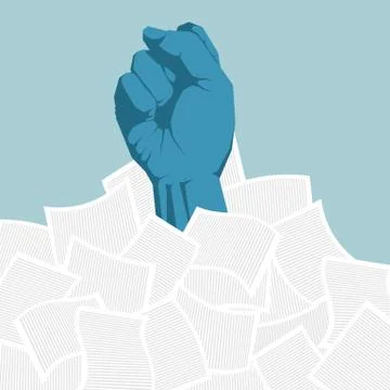 The fist broke through the pile of documents. Stock Illustration