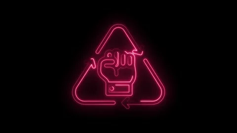 Fist bump neon sign with circular arrows in triangle for power and recycling Stock Footage 330776936