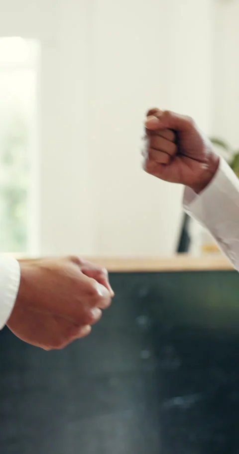 Fist bump, team and hands of people in hotel for hospitality, support and Stock Footage 319518635