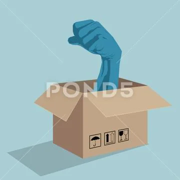 The fist is in the carton. Isolated on blue background. Stock Illustration