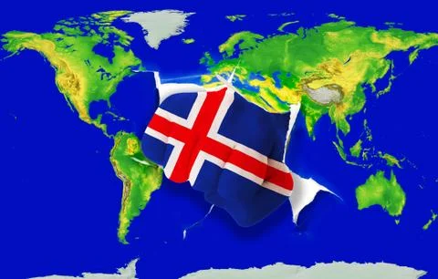 Fist in color  national flag of iceland    punching world map Stock Illustration