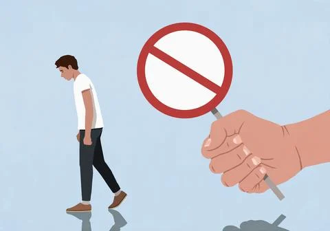 Fist with a Do Not Enter sign behind dejected man walking away Stock Illustration