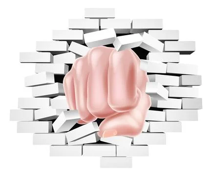 Fist Hand Punching Through a Brick Wall Concept Stock Illustration