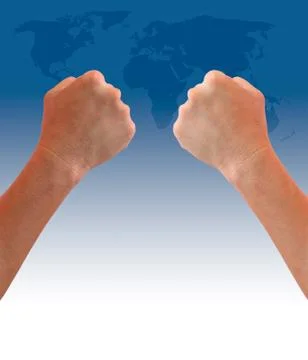 Fist hand on world map background Stock Photos