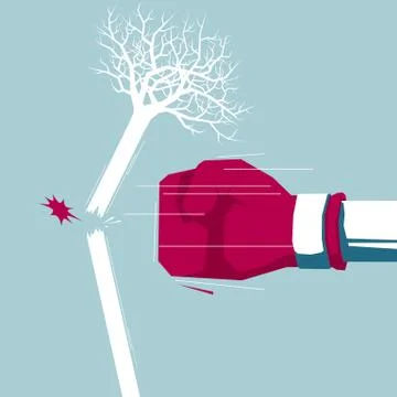 The fist hit the tree. Isolated on blue background. Stock Illustration