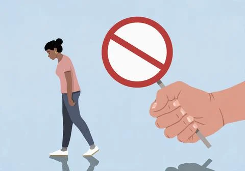 Fist holding a Do Not Enter sign behind dejected woman walking away Stock Illustration
