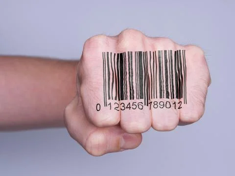 Fist of a man punching, barcode Stock Photos