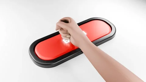 Fist Smashes Giant Red BEGIN Button with Force, Hand Pressing Red Button Stock Footage 314503736