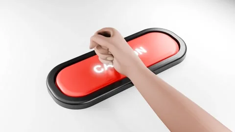 Fist Smashes Giant Red CAUTION Button with Force, Hand Pressing Red Button Stock Footage 314503809