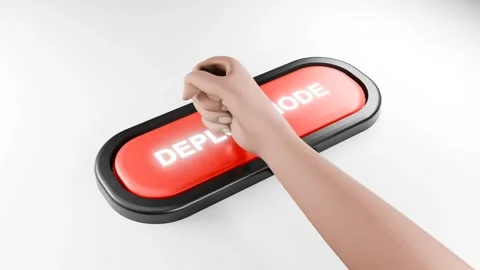Fist Smashes Giant Red DEPLOY MODE Button with Force, Hand Pressing Red Button Stock Footage 314503867
