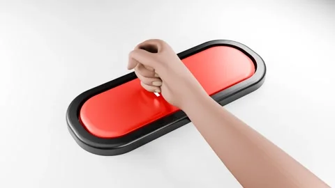 Fist Smashes Giant Red HIDE Button with Force, Hand Pressing Red Button Stock Footage 314504201