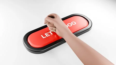 Fist Smashes Giant Red LET'S GOOO Button with Force, Hand Pressing Red Button Stock Footage 314504319