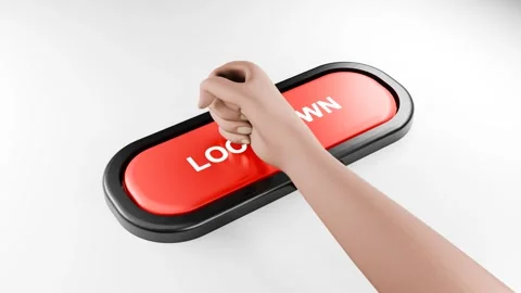Fist Smashes Giant Red LOCKDOWN Button with Force, Hand Pressing Red Button Stock Footage 314504341