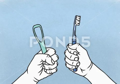 Fists holding toothbrush and tongue cleaner Stock Illustration