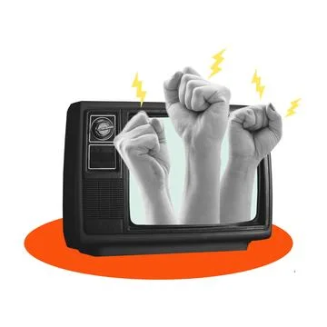 Fists raised in protest shown on an old television set with bursts of light.. Stock Photos