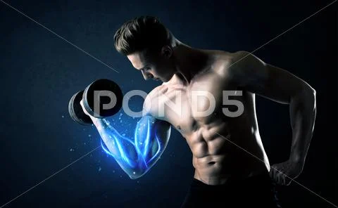 Fit athlete lifting weight with blue muscle light concept Stock Photos