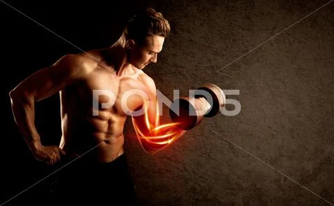 Fit bodybuilder lifting weight with red muscle concept Stock Photos