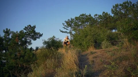 Fit cyclist ride down from the mountain bushes sunset rapid slow motion Stock Footage