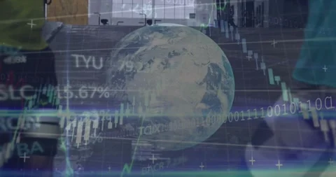 Fit duo walking toward camera in gym initiating finance globe and charts, Stock Footage 331005370