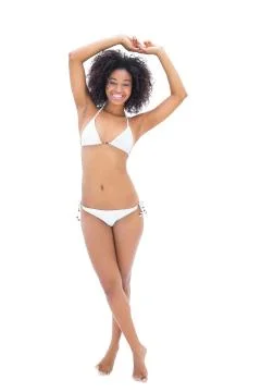 Young Woman Posing White Underwear Smiling Camera Stock Photo by