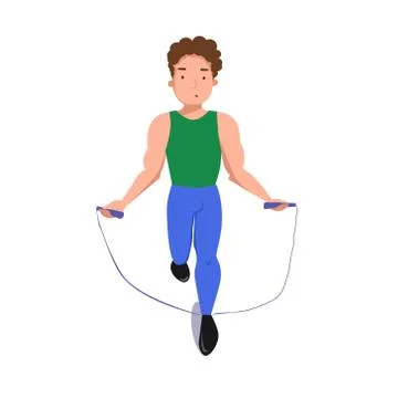 A fit man does exercises with a skipping rope in sports clothes. Flat vector Stock Illustration