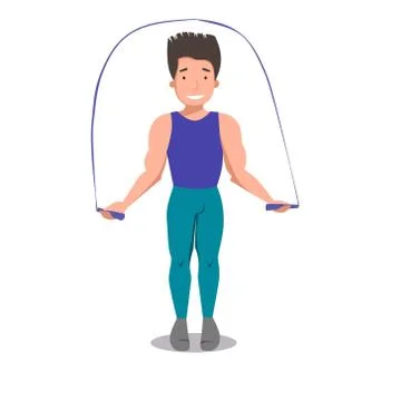 A fit man does exercises with a skipping rope in sports clothes. Flat vector Stock Illustration