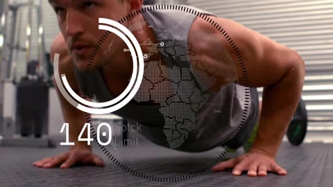 Fit man doing pushups on gym floor, HUD counter starting and updating progress Stock Footage 331789412