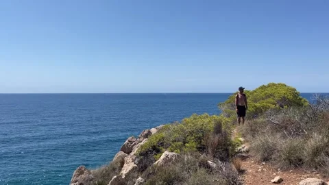 A fit middle-aged man with a backpack stands on a cliff, overlooking the expansi Stock Footage 278426343