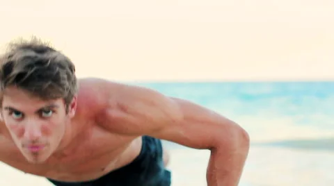 Fit Young Man Exercising on Beach. Crossfit Work Out. Healthy Active Lifestyl 스톡 동영상 54144519