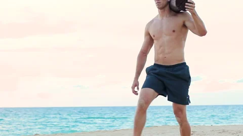 Fit Young Man Exercising on Beach. Crossfit Work Out. Healthy Active Lifestyl Stock Footage 54144846