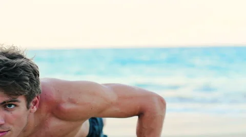 Fit Young Man Exercising on Beach. Crossfit Work Out. Healthy Active Lifestyl Stock Footage 54144878