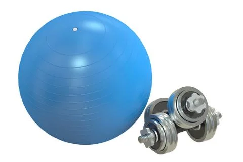 Fitball and dumbbells, 3D rendering Stock Illustration