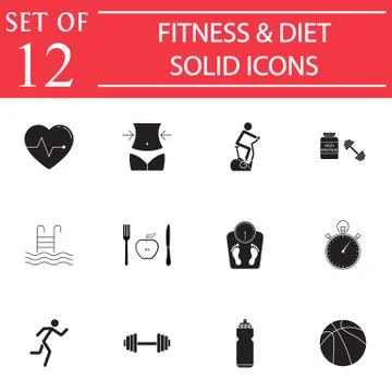 Fitness and diet solid icon set, Healthy life Stock Illustration
