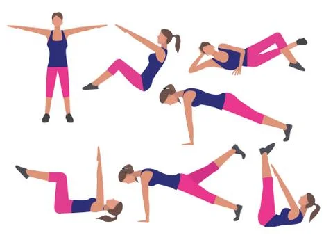 Fitness and workout exercise set icons in flat style Stock Illustration